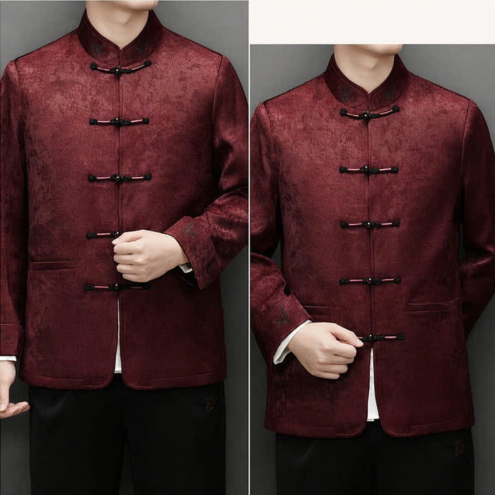 Buddha Stones 2-teiliges Set für Herbst und Winter: Elegante Herrenjacke und -hose im Tang-Stil mit Froschknopfleiste, Stehkragen und abstraktem Design, inklusive Tasche. - image 9
