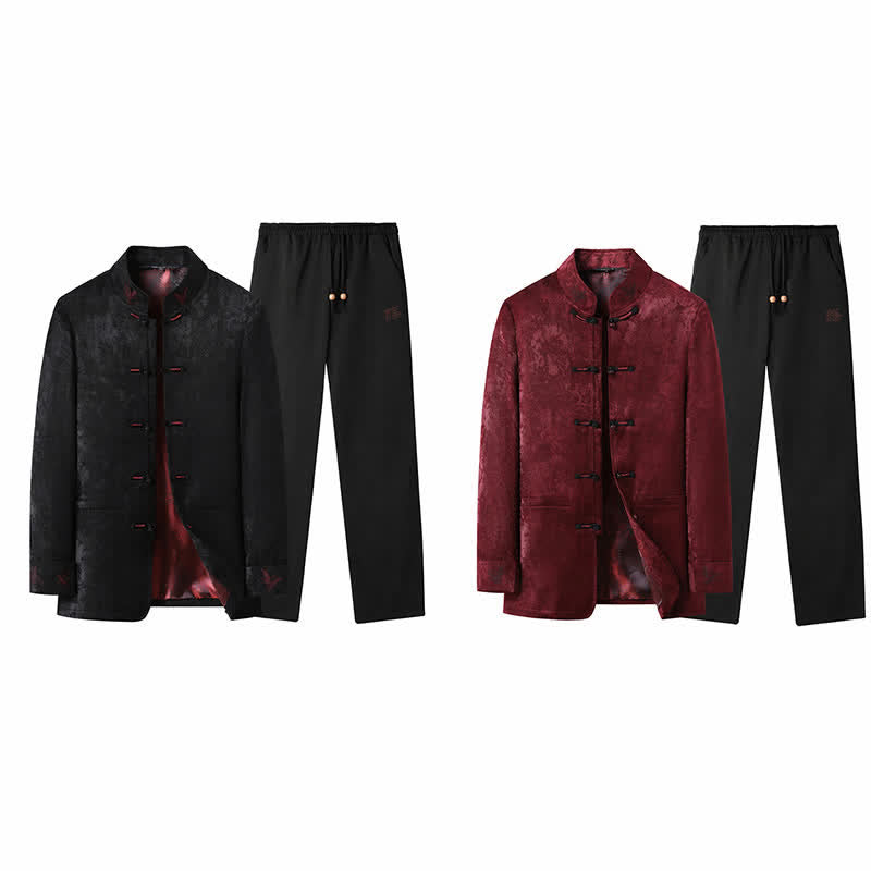 Buddha Stones 2-teiliges Set für Herbst und Winter: Elegante Herrenjacke und -hose im Tang-Stil mit Froschknopfleiste, Stehkragen und abstraktem Design, inklusive Tasche. - image 31