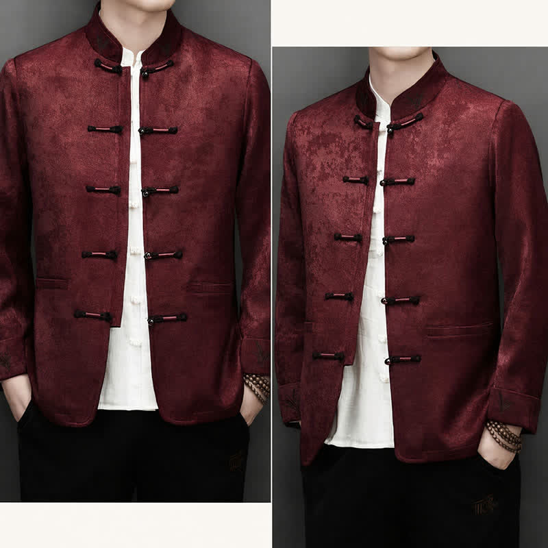 Buddha Stones 2-teiliges Set für Herbst und Winter: Elegante Herrenjacke und -hose im Tang-Stil mit Froschknopfleiste, Stehkragen und abstraktem Design, inklusive Tasche. - image 8