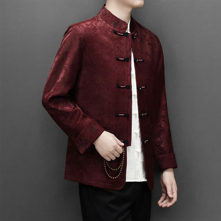 Buddha Stones 2-teiliges Set für Herbst und Winter: Elegante Herrenjacke und -hose im Tang-Stil mit Froschknopfleiste, Stehkragen und abstraktem Design, inklusive Tasche. - image 3