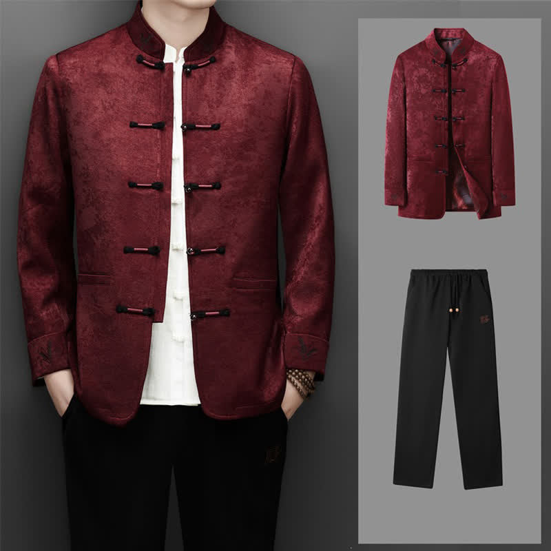 Buddha Stones 2-teiliges Set für Herbst und Winter: Elegante Herrenjacke und -hose im Tang-Stil mit Froschknopfleiste, Stehkragen und abstraktem Design, inklusive Tasche. - image 1