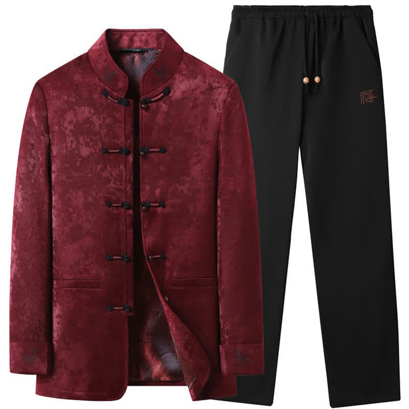 Buddha Stones 2-teiliges Set für Herbst und Winter: Elegante Herrenjacke und -hose im Tang-Stil mit Froschknopfleiste, Stehkragen und abstraktem Design, inklusive Tasche. - Feuerfestziegel - US/UK/AU44, EU54 (4XL) - image 0