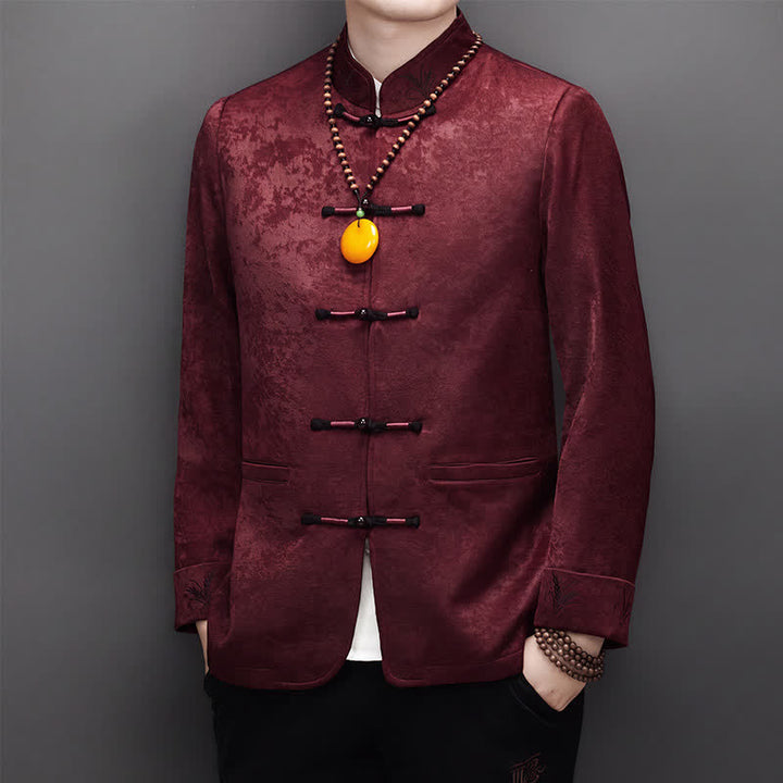 Buddha Stones 2-teiliges Set für Herbst und Winter: Elegante Herrenjacke und -hose im Tang-Stil mit Froschknopfleiste, Stehkragen und abstraktem Design, inklusive Tasche. - image 4