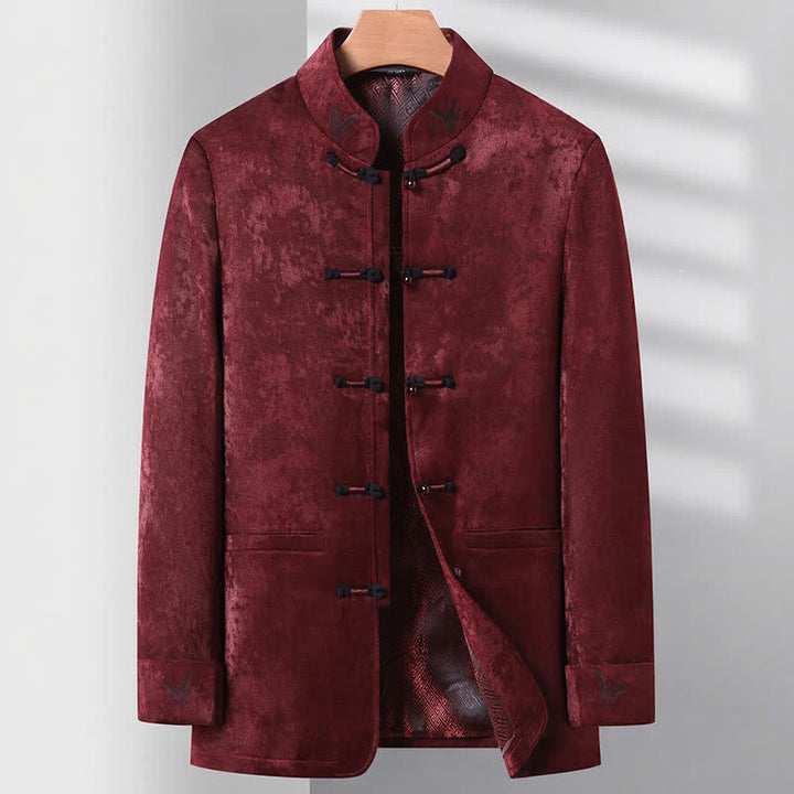 Buddha Stones 2-teiliges Set für Herbst und Winter: Elegante Herrenjacke und -hose im Tang-Stil mit Froschknopfleiste, Stehkragen und abstraktem Design, inklusive Tasche. - image 10