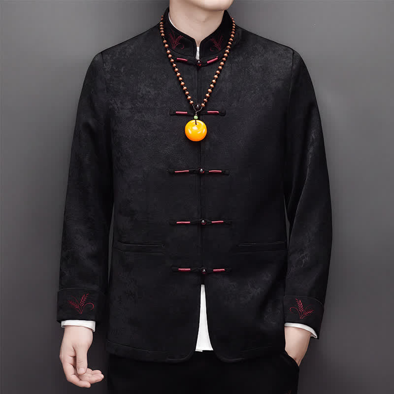 Buddha Stones 2-teiliges Set für Herbst und Winter: Elegante Herrenjacke und -hose im Tang-Stil mit Froschknopfleiste, Stehkragen und abstraktem Design, inklusive Tasche. - image 17