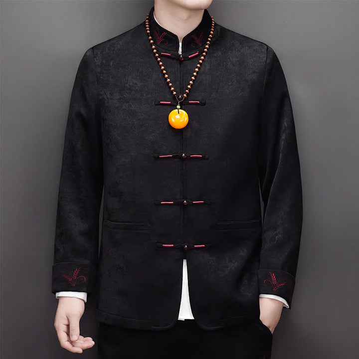 Buddha Stones 2-teiliges Set für Herbst und Winter: Elegante Herrenjacke und -hose im Tang-Stil mit Froschknopfleiste, Stehkragen und abstraktem Design, inklusive Tasche. - image 17