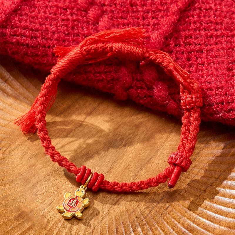 Buddha Stones Schildkrötenanhänger, vergoldetes Kupfer-Rotfaden-Armband aus Tibet - Rot (Handgelenkumfang: 14–17 cm) - image 0