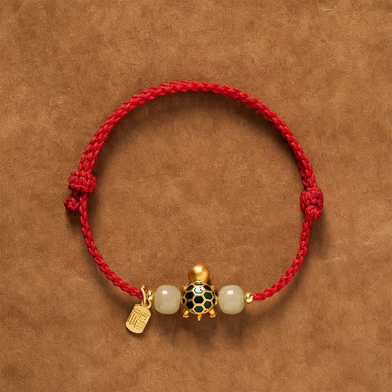 Buddha Stones Kupfer-Schildkröte, Hetian-Jade, Fu-Charakter, Glücksarmband mit roter Schnur - Rot (Handgelenkumfang: 14–18 cm) - image 0