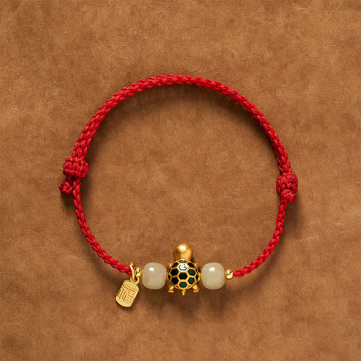 Buddha Stones Kupfer-Schildkröte, Hetian-Jade, Fu-Charakter, Glücksarmband mit roter Schnur - Rot (Handgelenkumfang: 14–18 cm) - image 0