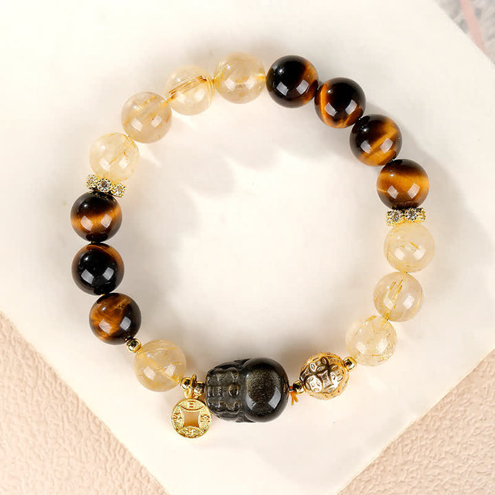 Buddha Stones Feng Shui Tigerauge Pi Xiu Goldrutilquarz-Reichtumsarmband - Tigerauge Pi Xiu Armband - 8 mm (Handgelenkumfang: 15–16 cm) - image 0