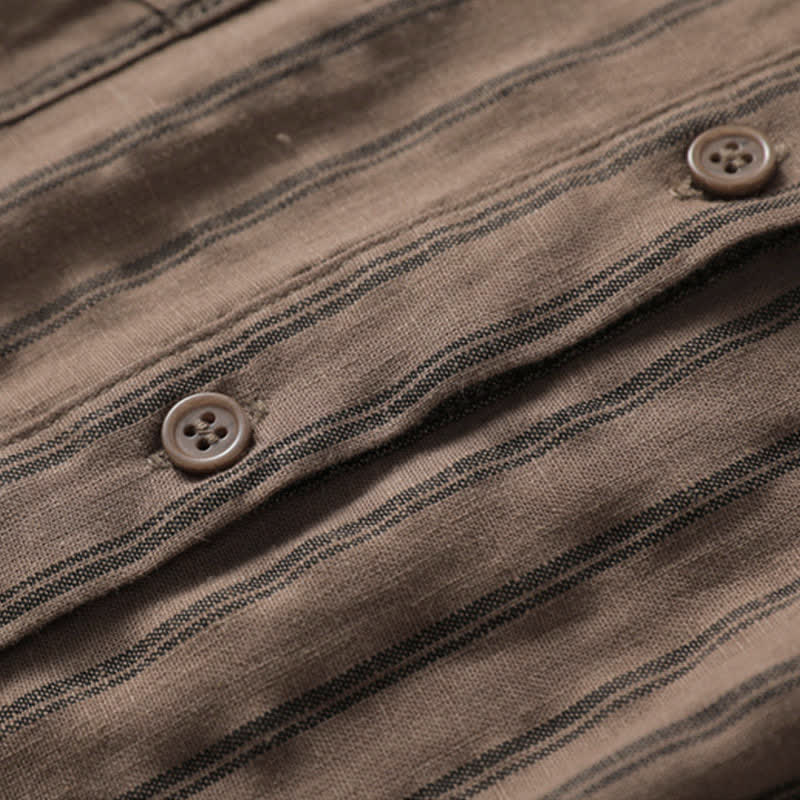 Buddha Stones Lässige Vintage-Damenbluse mit Knopfleiste, Streifenmuster und aufgesetzter Tasche für Frühling und Herbst - image 2