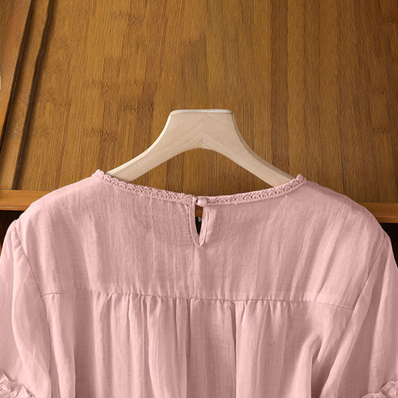 Buddha Stones Sommerliches, lässig-elegantes, einfarbiges Kurzarm-T-Shirt für Damen mit Rundhalsausschnitt und Spitzenbesatz - image 4