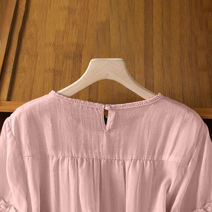 Buddha Stones Sommerliches, lässig-elegantes, einfarbiges Kurzarm-T-Shirt für Damen mit Rundhalsausschnitt und Spitzenbesatz - image 4