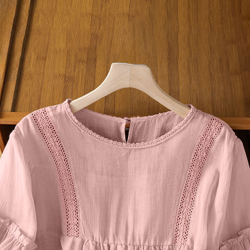 Buddha Stones Sommerliches, lässig-elegantes, einfarbiges Kurzarm-T-Shirt für Damen mit Rundhalsausschnitt und Spitzenbesatz - image 3