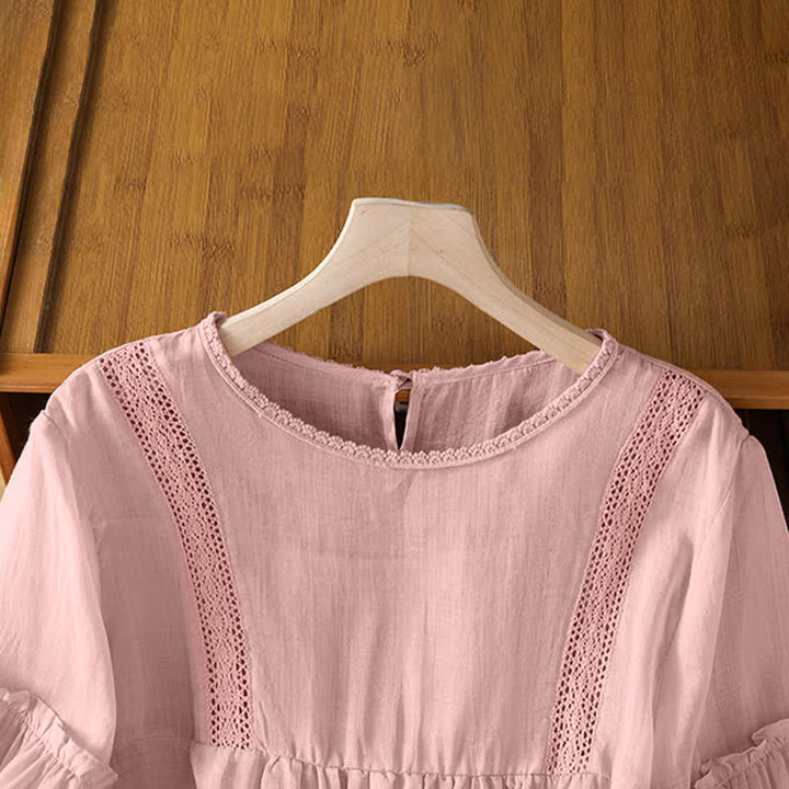 Buddha Stones Sommerliches, lässig-elegantes, einfarbiges Kurzarm-T-Shirt für Damen mit Rundhalsausschnitt und Spitzenbesatz - image 3