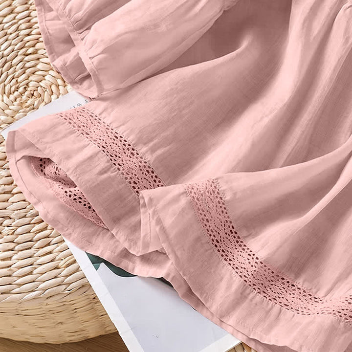 Buddha Stones Sommerliches, lässig-elegantes, einfarbiges Kurzarm-T-Shirt für Damen mit Rundhalsausschnitt und Spitzenbesatz - image 8