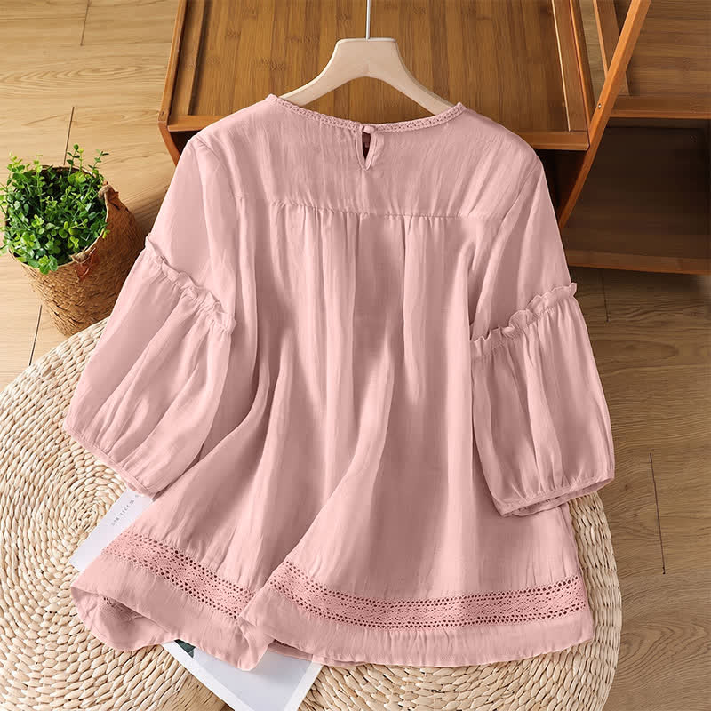 Buddha Stones Sommerliches, lässig-elegantes, einfarbiges Kurzarm-T-Shirt für Damen mit Rundhalsausschnitt und Spitzenbesatz - image 1