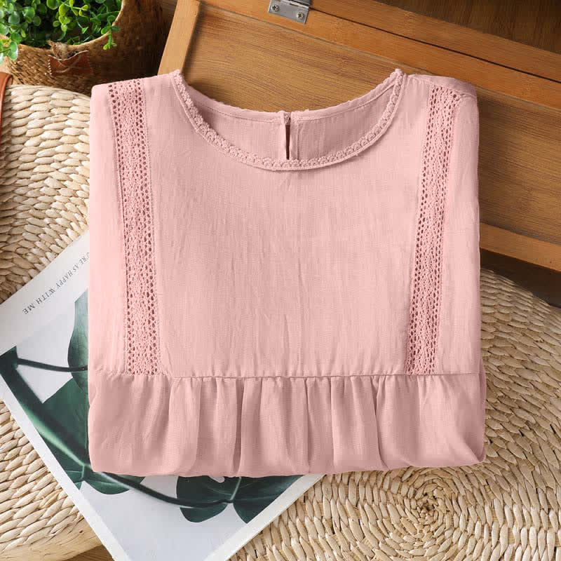 Buddha Stones Sommerliches, lässig-elegantes, einfarbiges Kurzarm-T-Shirt für Damen mit Rundhalsausschnitt und Spitzenbesatz - image 2