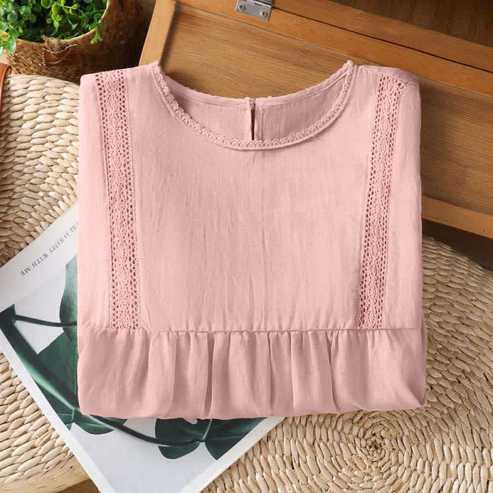 Buddha Stones Sommerliches, lässig-elegantes, einfarbiges Kurzarm-T-Shirt für Damen mit Rundhalsausschnitt und Spitzenbesatz - image 2