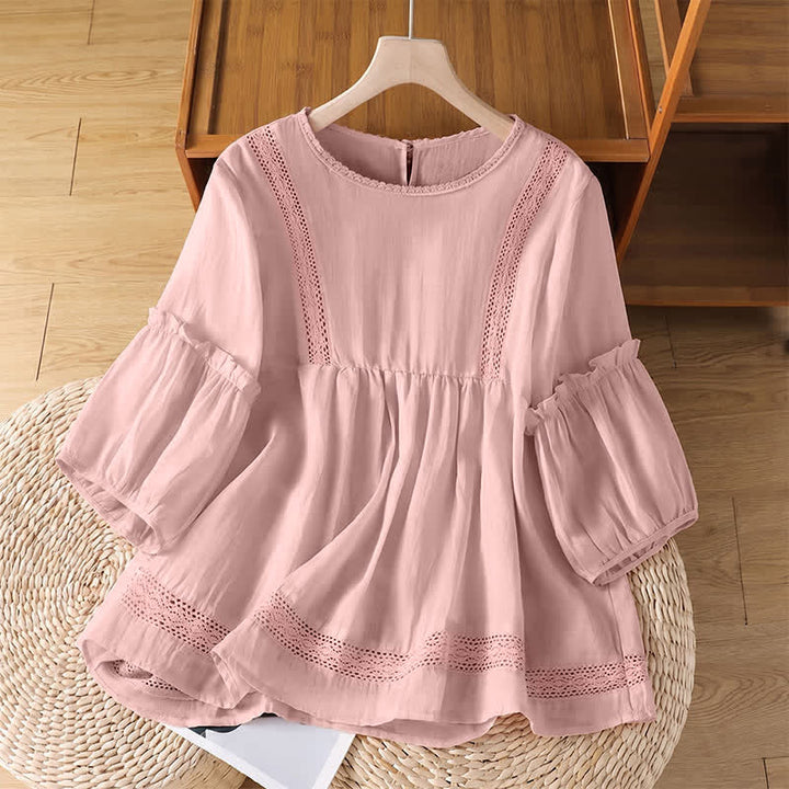 Buddha Stones Sommerliches, lässig-elegantes, einfarbiges Kurzarm-T-Shirt für Damen mit Rundhalsausschnitt und Spitzenbesatz - Hellrosa - US8-10, UK/AU12-14, EU40-42 (2XL) - image 0