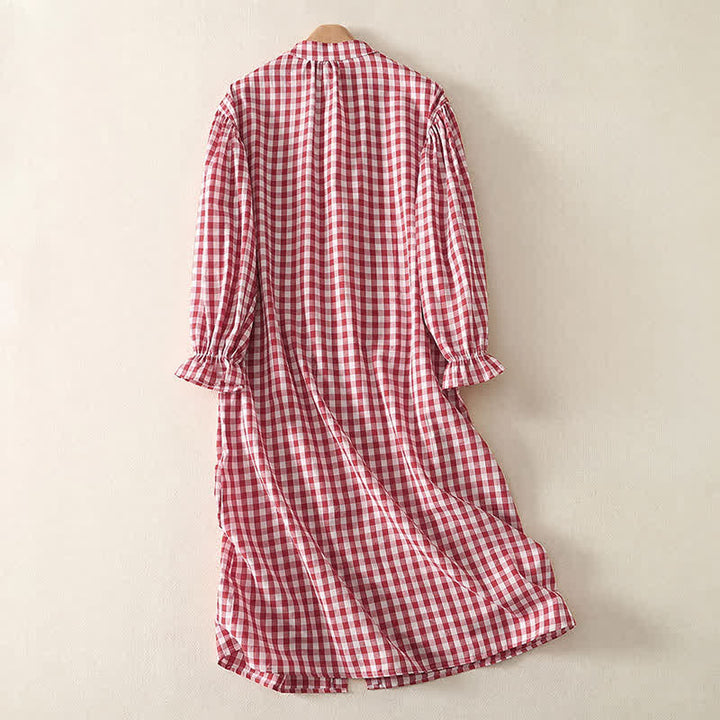 Buddha Stones Lässiges, frühlingshaftes Vintage-Kleid für Damen mit Knopfleiste, Vichy-Karo, langen Ärmeln und Taschen - image 1