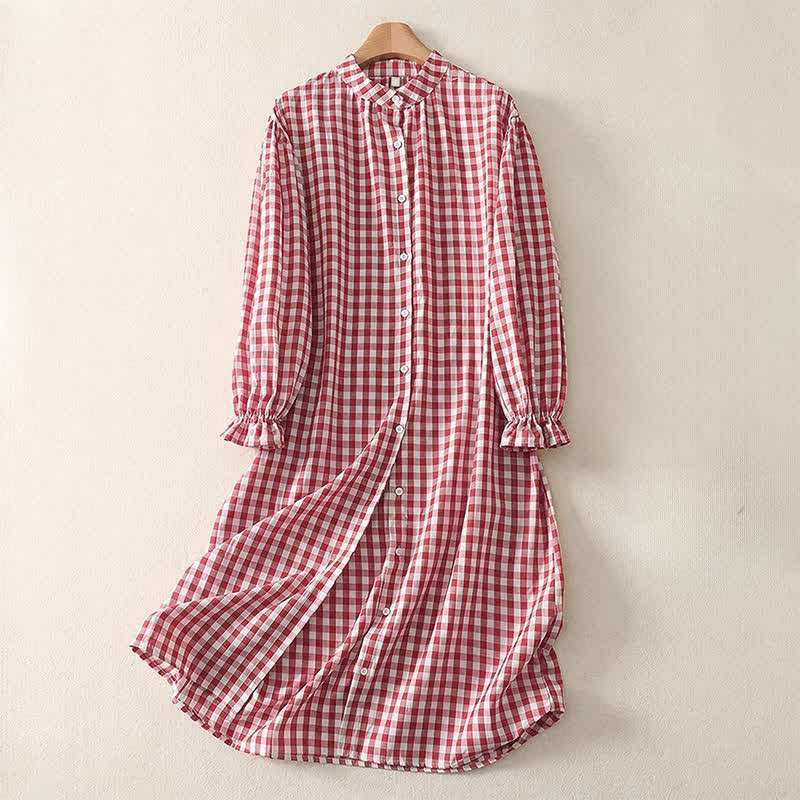 Buddha Stones Lässiges, frühlingshaftes Vintage-Kleid für Damen mit Knopfleiste, Vichy-Karo, langen Ärmeln und Taschen - Hellkoralle - US14, UK/AU18, EU46 (2XL) - image 0