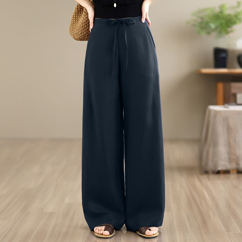 Buddha Stones Minimalistische, lässige lange Hose mit Kordelzug und Reißverschluss für Frühling und Sommer, einfarbig, gerades Bein, mit Taschen - image 1