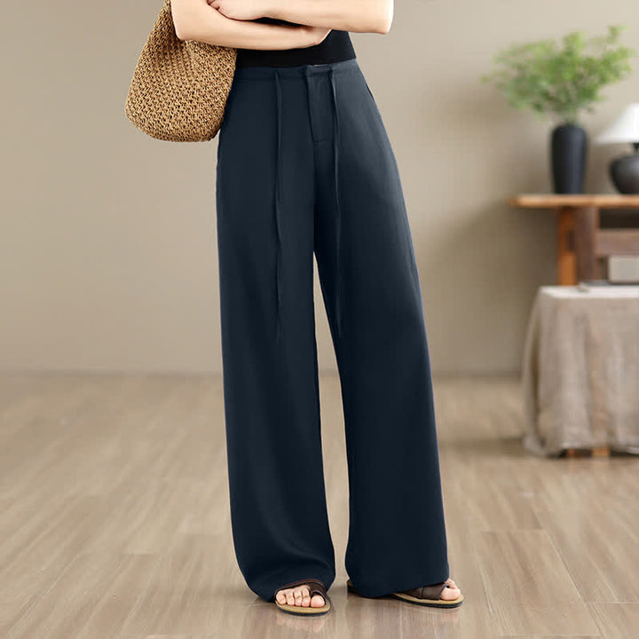 Buddha Stones Minimalistische, lässige lange Hose mit Kordelzug und Reißverschluss für Frühling und Sommer, einfarbig, gerades Bein, mit Taschen - image 2