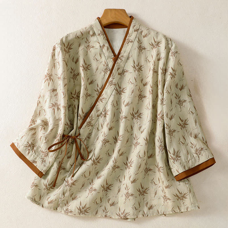 Buddha Stones Frühling/Sommer Tang Style Lässige Damenblusen mit Blätterprint und Dreiviertelärmeln - Beige - US8-10, UK/AU12-14, EU40-42 (2XL) - image 0