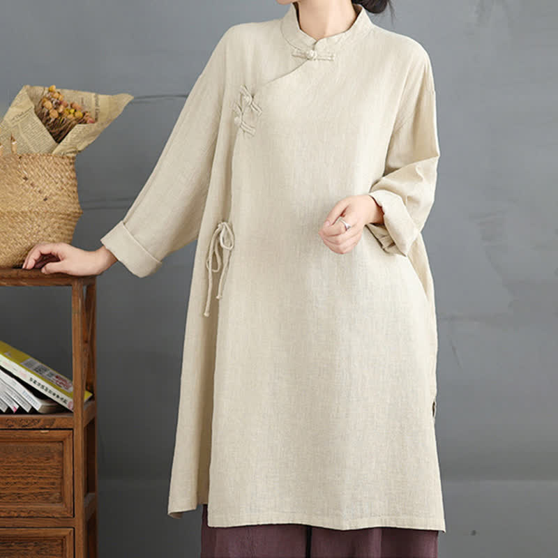 Buddha Stones Frühling Herbst Tang Style Vintage Mandarin Collar Frog Button Solid Damen Langarmhemden - Beige - US8-10, UK/AU12-14, EU40-42 (2XL) - image 6