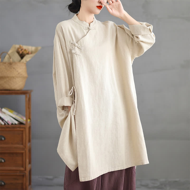 Buddha Stones Frühling Herbst Tang Style Vintage Mandarin Collar Frog Button Solid Damen Langarmhemden - image 8