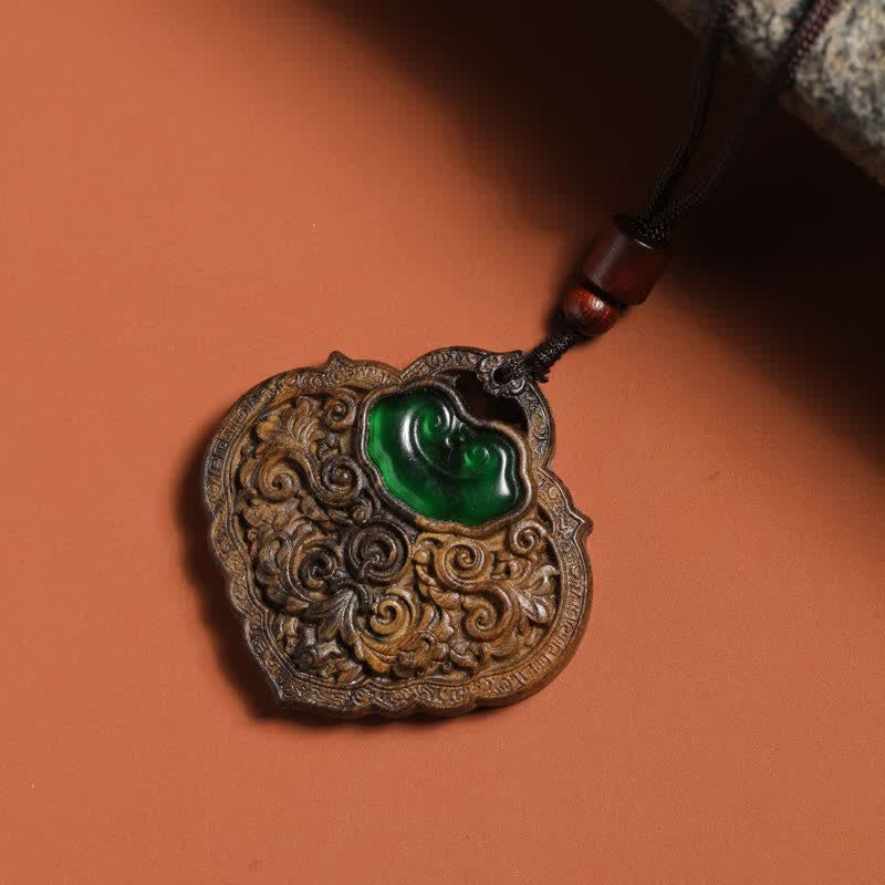 Buddha Stones Halskette aus geschnitztem grünem Achat, Glücksbringer aus Sappanholz - image 3