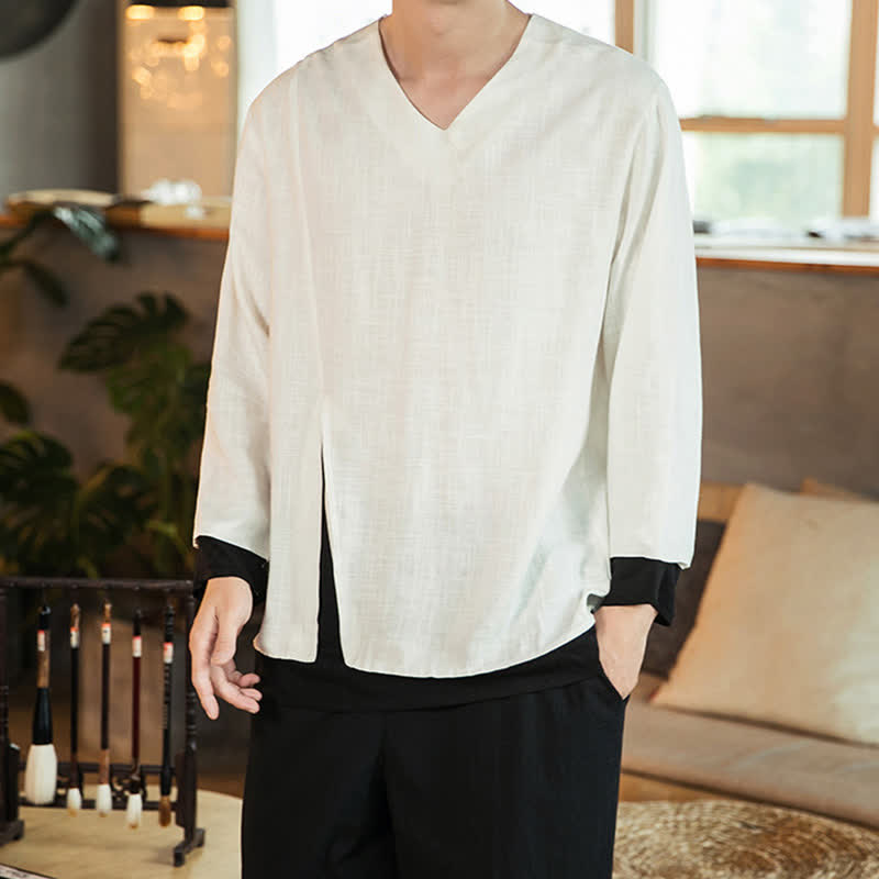 Buddha Stones Lässiges, minimalistisches Langarm-T-Shirt für Herren mit Seitenschlitz, einfarbig, für Frühling und Herbst - Weiß - US/UK/AU46, EU56 (5XL) - image 6