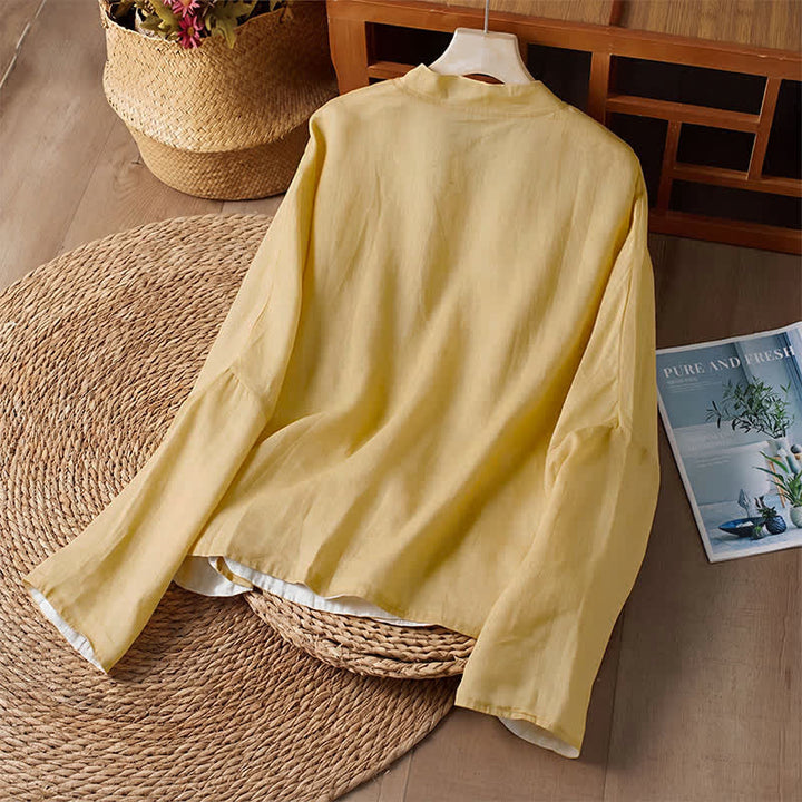 Buddha Stones Lässiges Langarmshirt mit Rundhalsausschnitt, Wende-Design und Tasche im Tang-Stil für Damen – ideal für Frühling und Herbst. - image 2