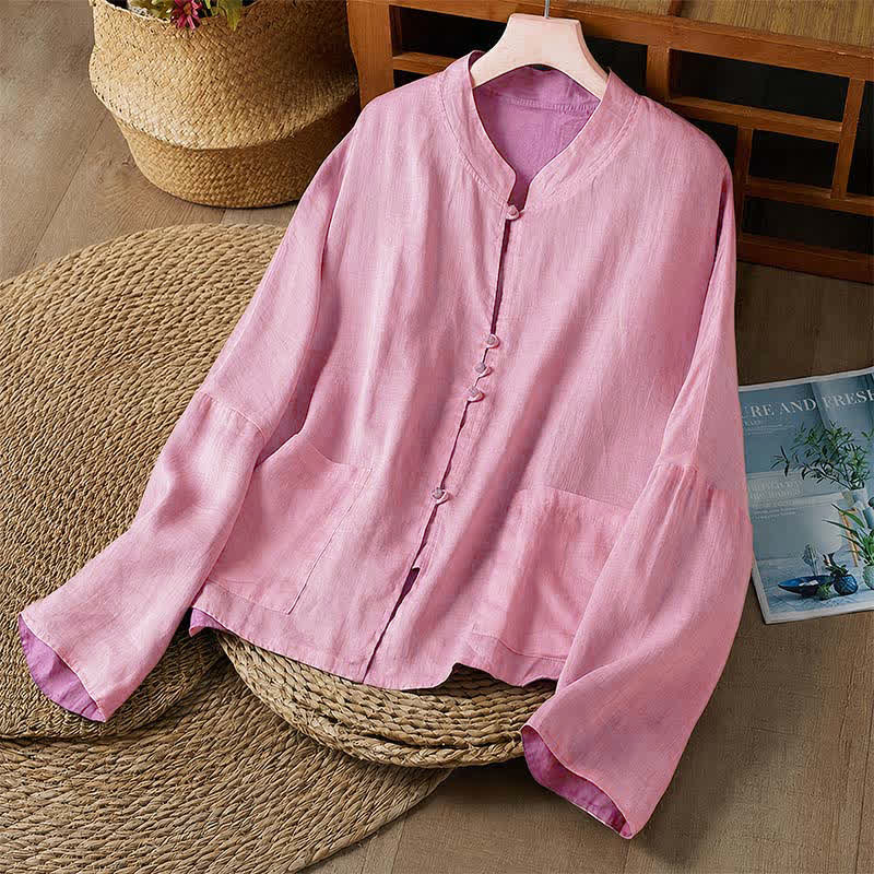 Buddha Stones Lässiges Langarmshirt mit Rundhalsausschnitt, Wende-Design und Tasche im Tang-Stil für Damen – ideal für Frühling und Herbst. - Blassviolettrot - US14, UK/AU18, EU46 (2XL) - image 11