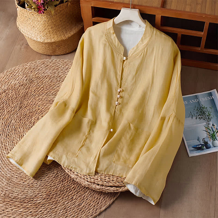 Buddha Stones Lässiges Langarmshirt mit Rundhalsausschnitt, Wende-Design und Tasche im Tang-Stil für Damen – ideal für Frühling und Herbst. - image 1