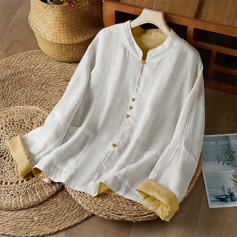 Buddha Stones Lässiges Langarmshirt mit Rundhalsausschnitt, Wende-Design und Tasche im Tang-Stil für Damen – ideal für Frühling und Herbst. - Khaki - US14, UK/AU18, EU46 (2XL) - image 0