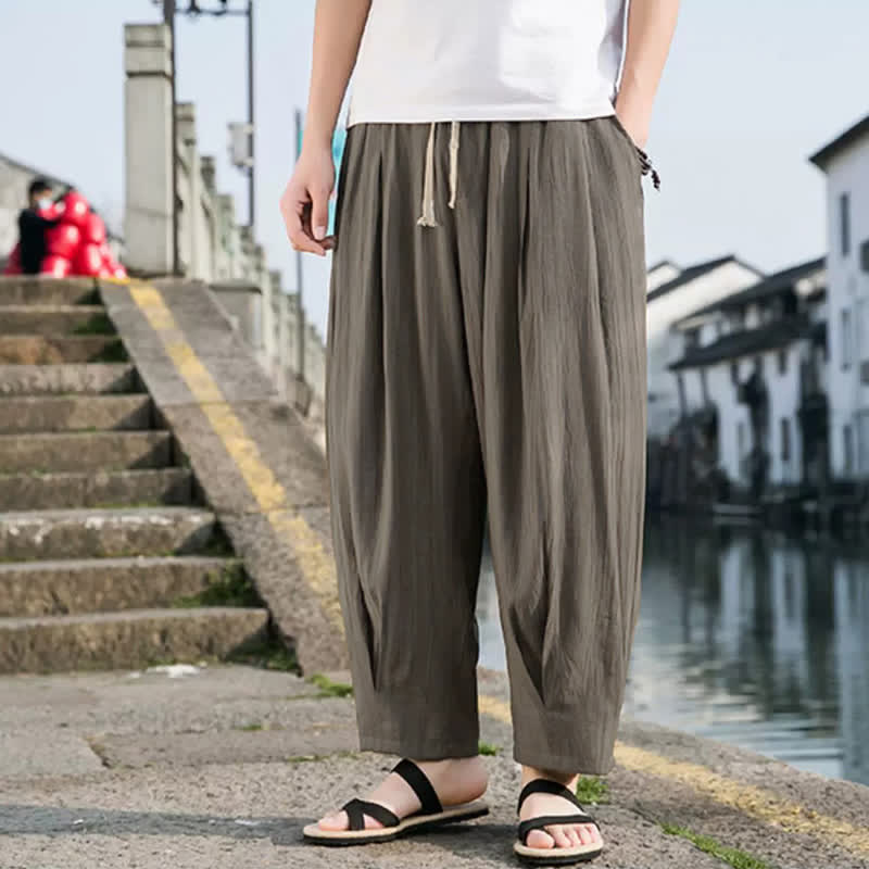 Buddha Stones Lässige, einfarbige, knöchellange Herrenhose mit Kordelzug und geradem Bein sowie Tasche - image 2