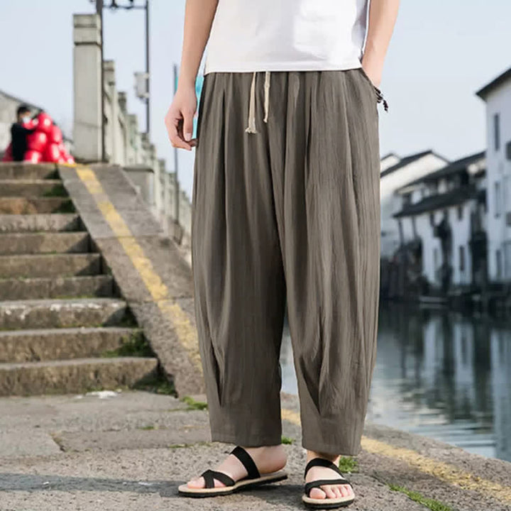 Buddha Stones Lässige, einfarbige, knöchellange Herrenhose mit Kordelzug und geradem Bein sowie Tasche - image 2