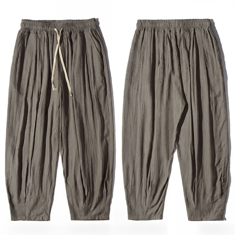 Buddha Stones Lässige, einfarbige, knöchellange Herrenhose mit Kordelzug und geradem Bein sowie Tasche - image 7