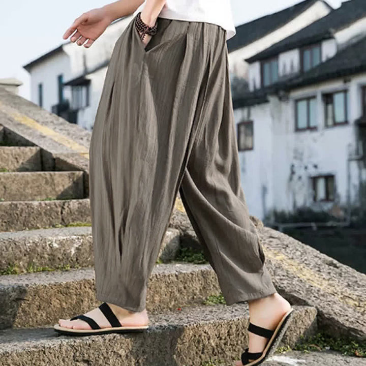 Buddha Stones Lässige, einfarbige, knöchellange Herrenhose mit Kordelzug und geradem Bein sowie Tasche - image 3
