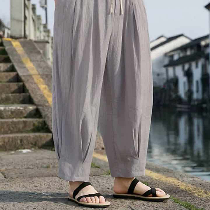 Buddha Stones Lässige, einfarbige, knöchellange Herrenhose mit Kordelzug und geradem Bein sowie Tasche - image 14