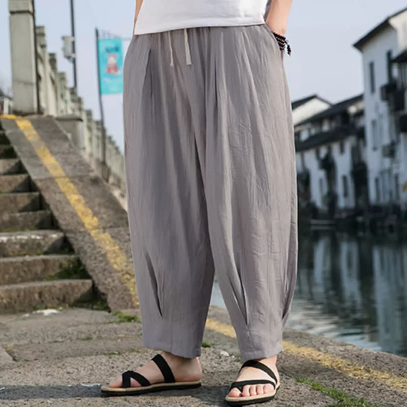 Buddha Stones Lässige, einfarbige, knöchellange Herrenhose mit Kordelzug und geradem Bein sowie Tasche - image 15