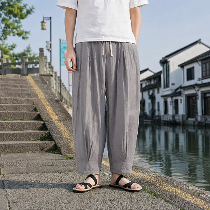 Buddha Stones Lässige, einfarbige, knöchellange Herrenhose mit Kordelzug und geradem Bein sowie Tasche - image 12