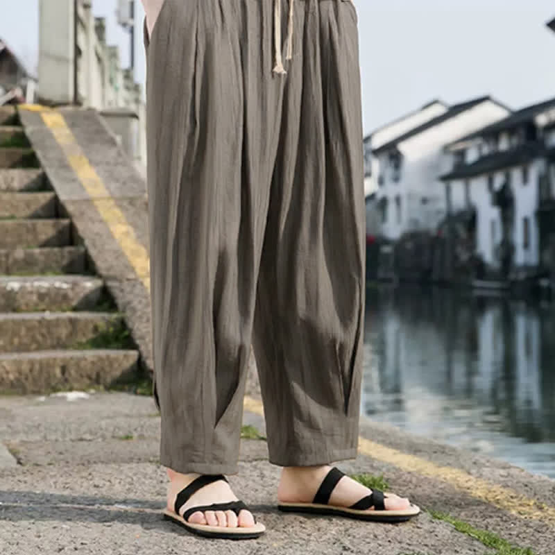 Buddha Stones Lässige, einfarbige, knöchellange Herrenhose mit Kordelzug und geradem Bein sowie Tasche - image 5