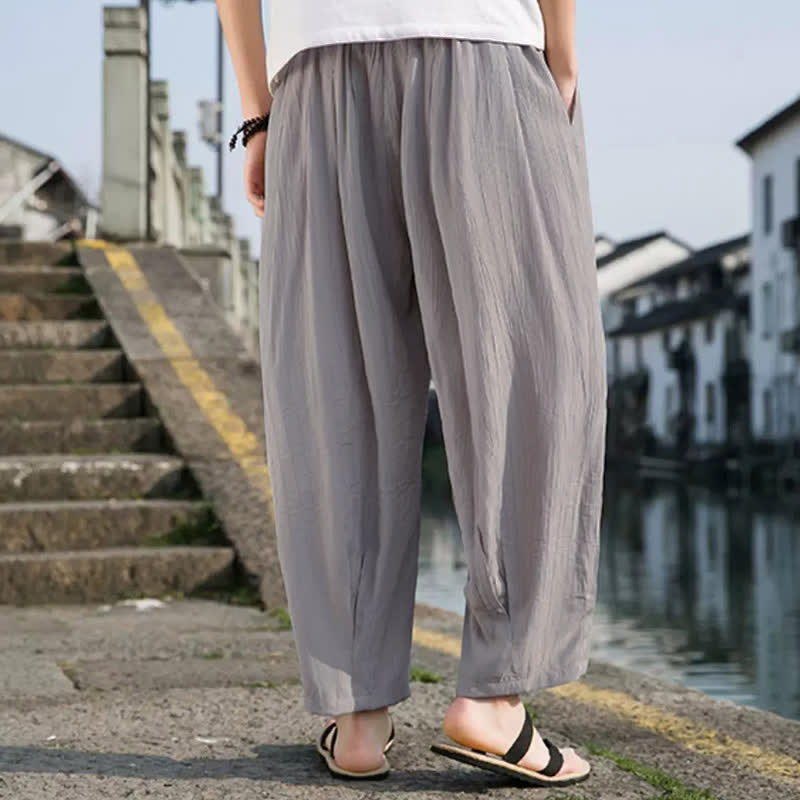 Buddha Stones Lässige, einfarbige, knöchellange Herrenhose mit Kordelzug und geradem Bein sowie Tasche - image 13