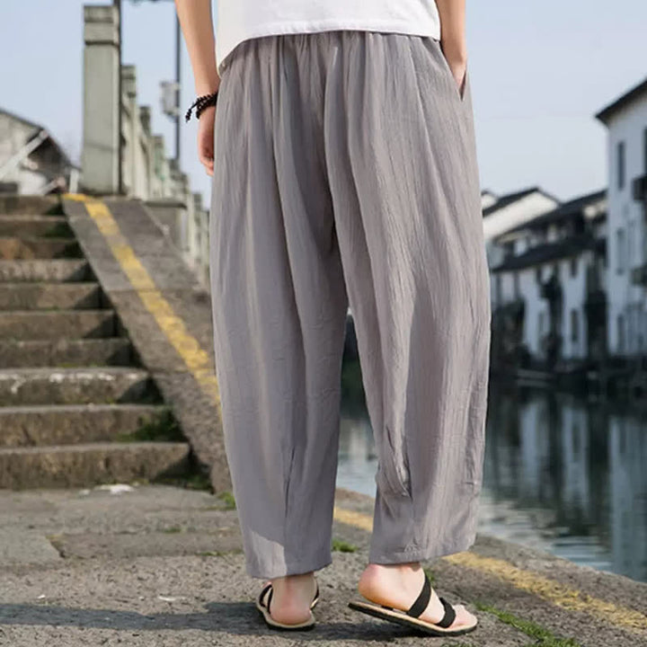 Buddha Stones Lässige, einfarbige, knöchellange Herrenhose mit Kordelzug und geradem Bein sowie Tasche - image 13
