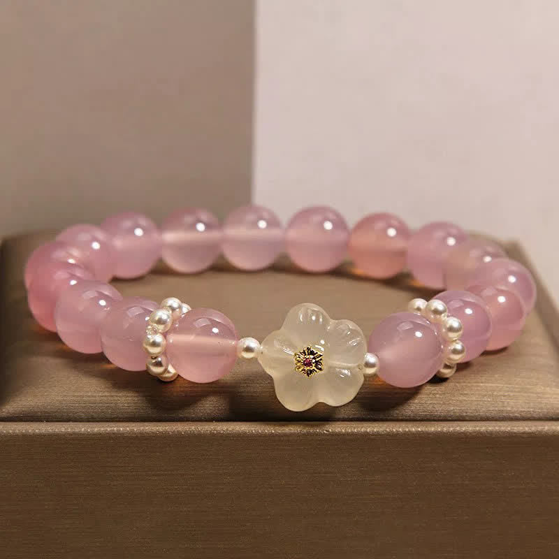 Buddha Stones Armband aus lila und weißem Achat mit Blumenmotiv, Intuition und Perlenakzenten - Rosa Achat (Handgelenkumfang: 15–17 cm) - image 0