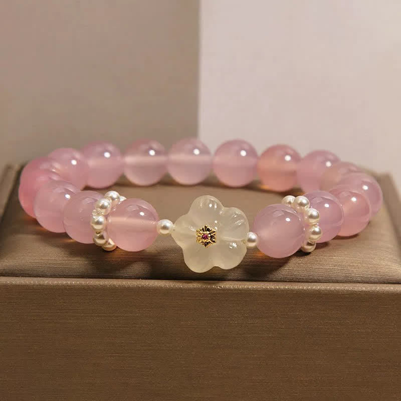 Buddha Stones Armband aus lila und weißem Achat mit Blumenmotiv, Intuition und Perlenakzenten - image 1