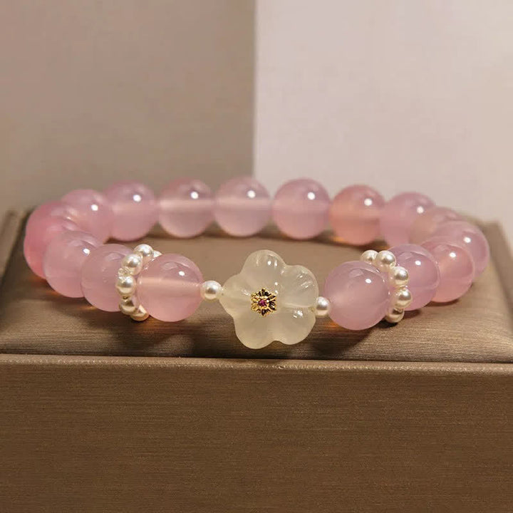 Buddha Stones Armband aus lila und weißem Achat mit Blumenmotiv, Intuition und Perlenakzenten - image 1